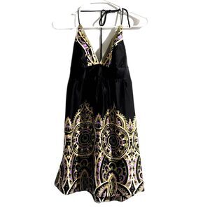 Alice & Trixie Y2K Babydoll Halter Mini Dress Black 100% Silk Boho Print Size XS